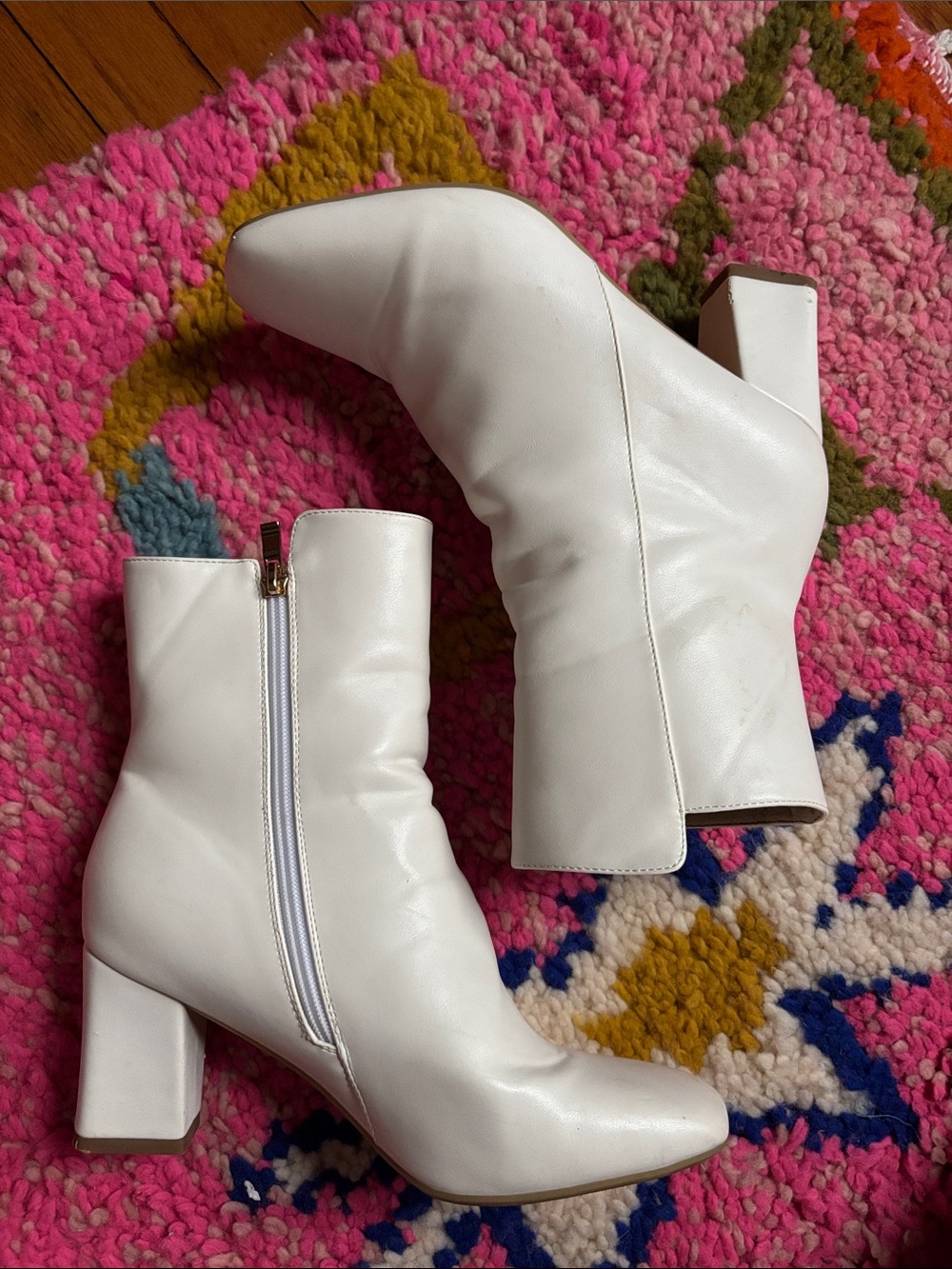 White Block Heel Ankle Boots